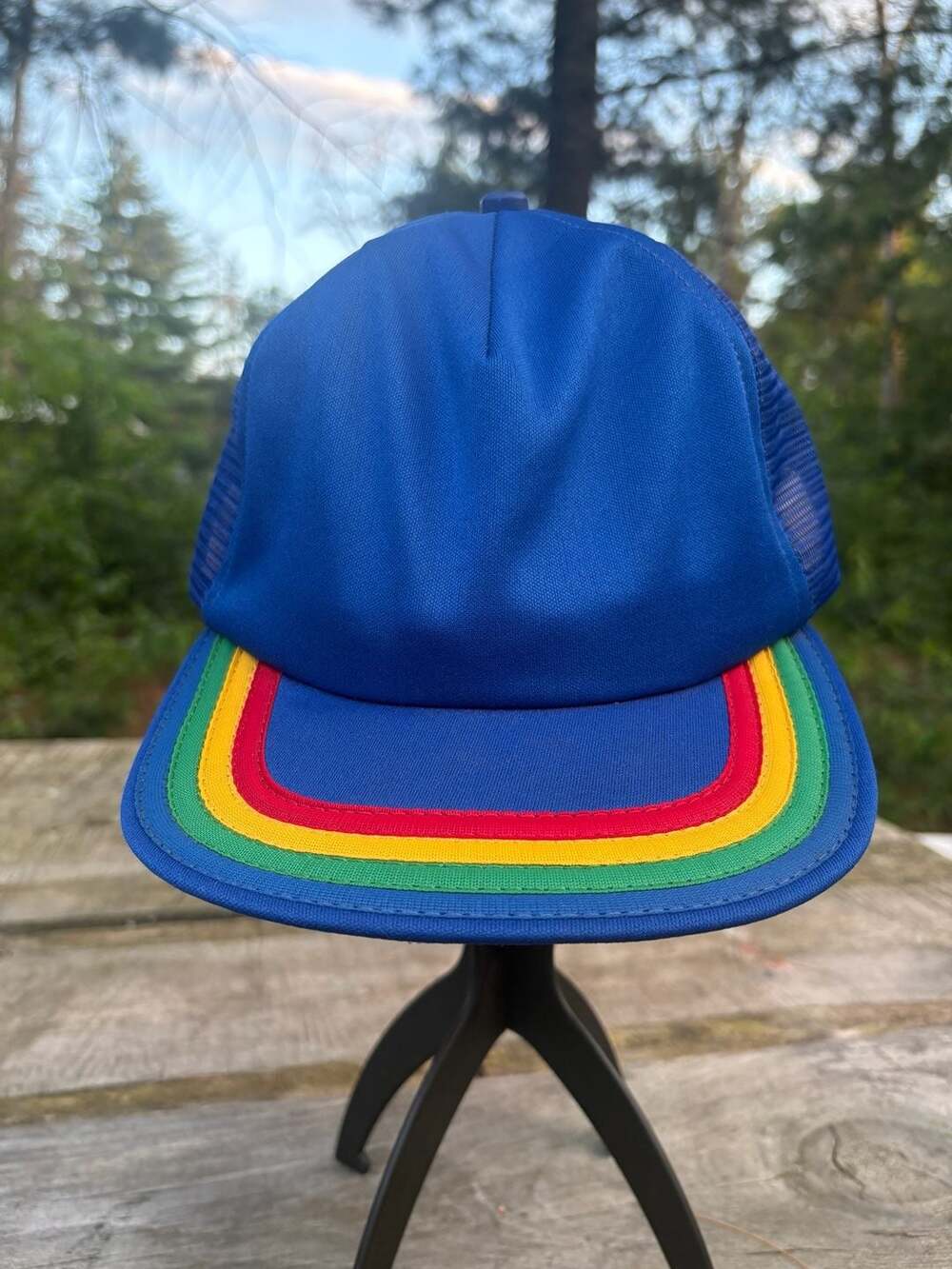 Vintage Made in USA Blue Mesh Trucker Hat with Rainbow Stripe Brim Snapback